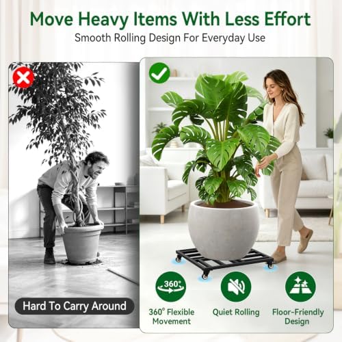 20" Plant Caddy with Wheels, Rolling Metal Plant Stand Holds up to 600 lbs, Square Plant Dolly with Lockable Caster Wheels for Large Planter Pots, Heavy Items, Indoor and Outdoor Use (black) - Image 2