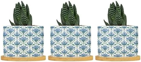 Blue Floral Planter Ceramic Mughal Flower Round Flower Pots with Drainage Holes and Bamboo Tray Pot for Pots Outdoor Indoor Plants by BRUYU5SE