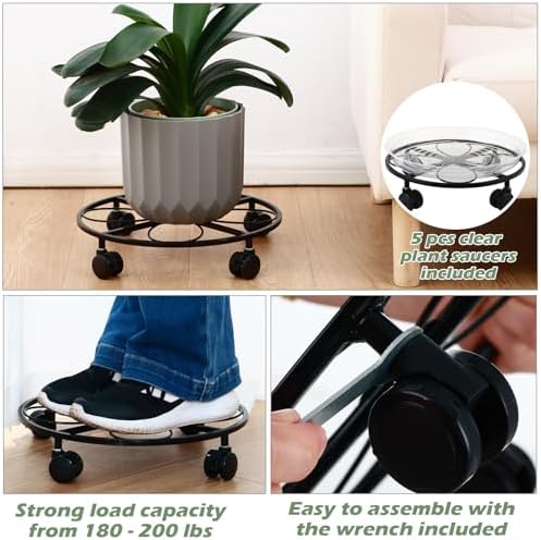 5 Packs 13.5 inches Large Metal Plant Caddy with Wheels Round Planter Dolly Pot Mover Rollers Wrought Iron Rolling Plant Stands Indoor Outdoor Wheeled Plant Holder Coaster Trolley, Black - Image 5
