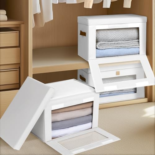 Homsorout Large Clothing Storage Bins - Collapsible Boxes with Handles & Window, Decorative Organizer Bins with Lids, Fabric Containers for Living Room, Dorm, 4 Pack, White - Image 5