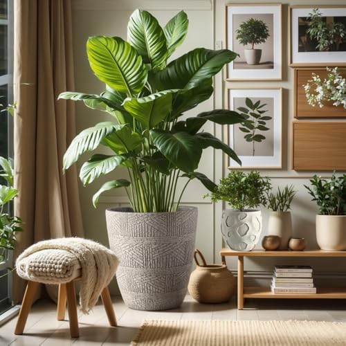 Round Concrete Style Planter Set of 3, Large Outdoor Flower Pots with Drainage, Stone Texture Plant Pots for Indoor Outdoor Garden, Patio & Balcony Décor (3, Sandstone) - Image 6