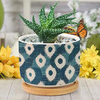 Blue and Ikat Bukhara Planter Ceramic Antique Ikat in Teal Round Plant Pots with Drainage Holes and Bamboo Tray Pot for Home Office Decoration - Image 6