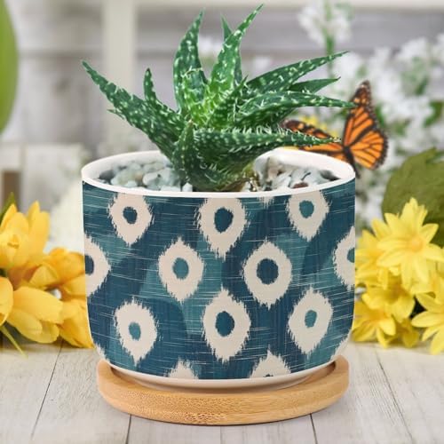 Blue and Ikat Bukhara Planter Ceramic Antique Ikat in Teal Round Plant Pots with Drainage Holes and Bamboo Tray Pot for Home Office Decoration - Image 6
