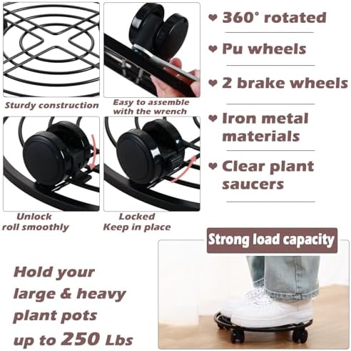 3 Packs 13.5" Metal Plant Caddy with Wheels Large Rolling Plant Stands Indoor Wheeled Plant Dolly Heavy-duty Planter Mover Roller Base Outdoor Plant Trolley Cart Water-proof, Plant Saucers on Wheels - Image 3