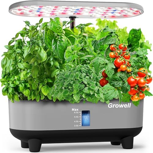 Growell Hydroponics Growing System Kit, 16 Pods Indoor Garden with 28W Full Spectrum LED Grow Light, Auto Timer, 3 Smart Light Modes, 8L Large Herb Garden, Ideal Gardening Gift for Women, Men (Gray) by Growell