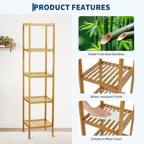 Garvee 5-Tier Bamboo Shelf Narrow Bathroom Shelf with Slatted Shelves Natural Wood Plant Stand Standing Towel Rack Corner Rack for Bathroom Entryway Bedroom Kitchen Sunroom - Image 6