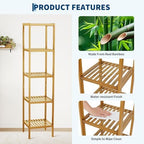 Garvee 5-Tier Bamboo Shelf Narrow Bathroom Shelf with Slatted Shelves Natural Wood Plant Stand Standing Towel Rack Corner Rack for Bathroom Entryway Bedroom Kitchen Sunroom - Image 6