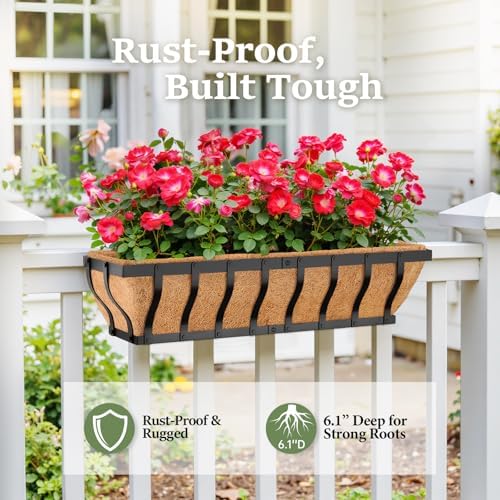 VOXOR Railing Planter Boxes, Heavy Duty Window Box Planters, Adjustable Balcony Planters for Railing Hanging, with Coco Liner for Deck, Porch, and Patio Gardening (3 Pack, 30 Inch) - Image 4