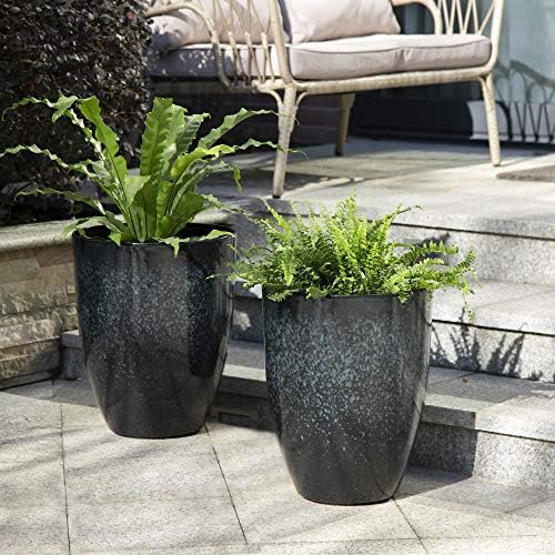 Glitzhome 16.75" H Garden Tall Planter Pots,Set of 2 Modern Round Tall Planter with Drainage Holes,PE and Stone Faux Ceramic Large Flower Pots for Outdoor Indoor,Ceramic Gradient Turquoise by Glitzhome