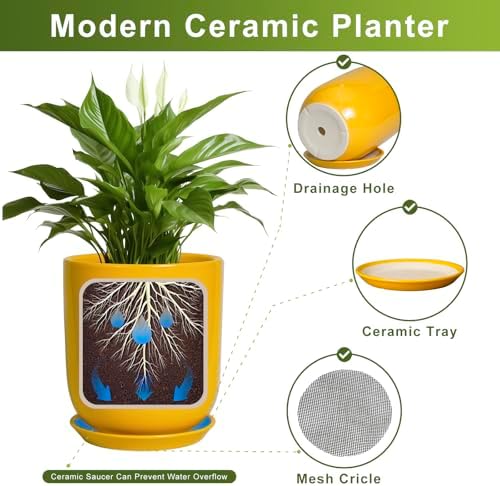 12 Inch Pots for Plants - Ceramic Planter for Outdoor Plants Large Plant Pot Indoor with Drainage Hole Modern Flower Pot for Home Patio Office Decor Yellow - Image 7