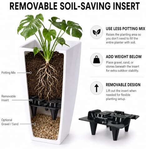 Tall Square Planters 2Pack, Plastic Pots Indoor Outdoor, White - Image 2