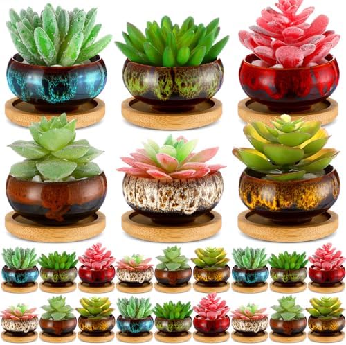 48 Pcs Ceramic Succulent Planters with Drainage Bamboo Saucers by RimCereal