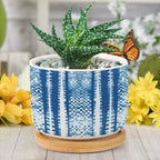 Animal Planters Ceramic White Blue Animal Strip Round Flower Pots with Drainage Holes and Bamboo Tray Pot for Indoor Outdoor Garden - Image 6