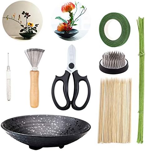 WANDIC Flower Arrangement Kit, Set of 51, Round Flower Holders, Ceramic Flower Pot, Kenzan Needle Cleaning Pin & Rake, Floral Stems and Floral Tape for Flower Arranging Art by WANDIC