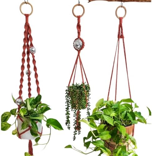 Set of 3 Macrame Plant Hanger | Disco ball decor Hanging planters for indoor plants Cool gifts for plant lovers Boho plant pots plant stand indoor Hanging planters for outdoor plants (Cafe Latte) by HandmadeByUruba