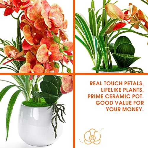 W&W Artificial Orchid Plants and Flowers with Vase, Fake Faux Orchid in Ceramic Pot,19”, Orange - Image 4