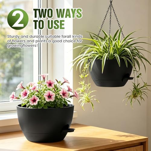 10 Inch Self-Watering Hanging Planters Set of 3 with Saucers - Image 3