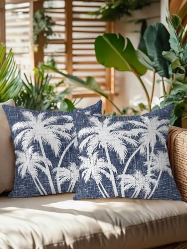 Outdoor Pillows Waterproof Set of 2, Tropical Palm Tree Patio Throw Pillows for Couch Bed Sofa with Insert, Vintage Dark Blue Exotic Botanical Plants Decorative Reading/Camping Pillow Set 18x18 Inch - Image 2