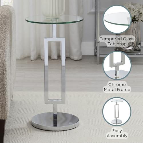 Convenience Concepts Town Square Chrome Glass Drinks End Table 12" - Round Cocktail Side Accent for Modern Living & Family Room, Geometric Metal Plant Stand, Display Pedestal - Image 3