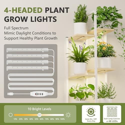 Plant Stand Indoor with Grow Lights - 50" Metal Flower Pot Stands for Multiple Plants - 7 Tiered Tall Plant Stands, Corner Plant Shelf for Living Room Home Gardening Decor (White) - Image 4