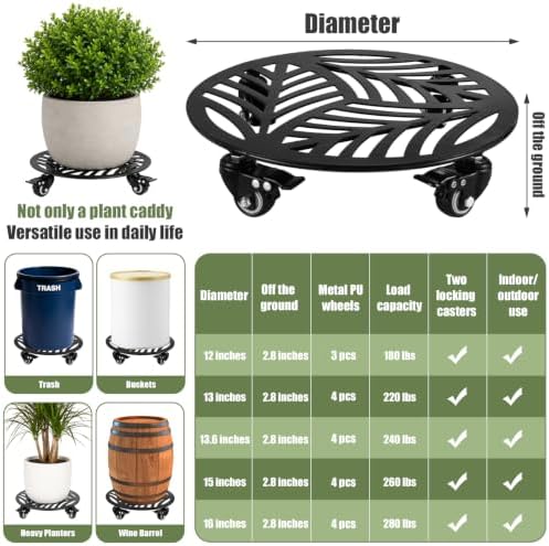 1-Pack Extra-large Metal Plant Caddy with Wheels 16 Inch Heavy-duty Rolling Plant Stand with Casters Wheeled Flower Pot Mover Roller Rust-proof Iron Planter Dolly Coaster for Indoor Outdoor Use, Black - Image 3