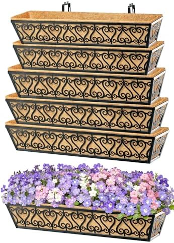 6 Pack 30 Inch Deck Railing Planter Box - Window Boxes Planters with Adjustable Brackets Coco Liners Balcony Planters Railing Hanging for Window Flower Boxes Outdoor Garden Decor by EINYEXW