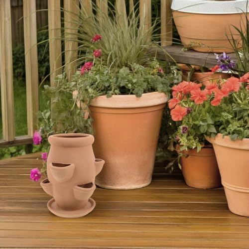 POPETPOP Strawberry Tower Planter : Multi Pocket Strawberry Terracotta Planter Pot Smart Plant Pot for Succulents Flowers, 7.47X5.89X5.89in - Image 2