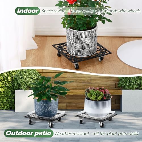 2 Packs 12" Square Metal Plant Caddy with Wheels Large Heavy-Duty Cast Iron Planter Dolly Pot Mover, Indoor Outdoor Vintage Rolling Plant Stands with Casters Wheeled Plant Roller Base, Rustproof Black - Image 7