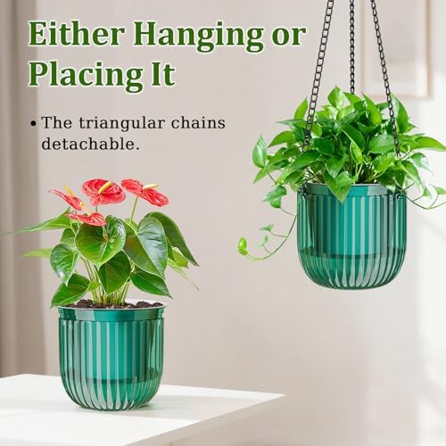 Halatool 2 Pack Self-Watering Hanging Planters for Indoor Plants, 6.5" & 8.3" Outdoor Flower Pots with Drainage Holes, Visible Water Level Indicator for Wall, Garden, Home Decor (Peacock Green) - Image 5