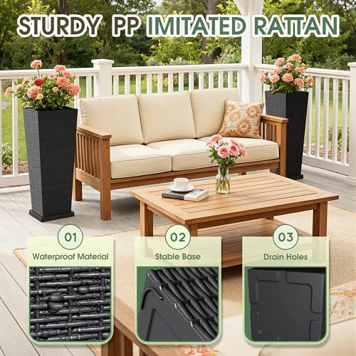 Greesum Set of 2 Tall Plastic Planters with Saucer, 32 Inch, Black - Image 2