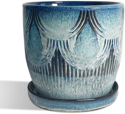 Plant Pots Indoor, Ceramic Planter, 6in Plant Pot, Plant Pots with Drainage Holes and Saucers, Flower Pots for Indoor Plants, Reactive Glaze Blue by ChraljiGIFTWARE