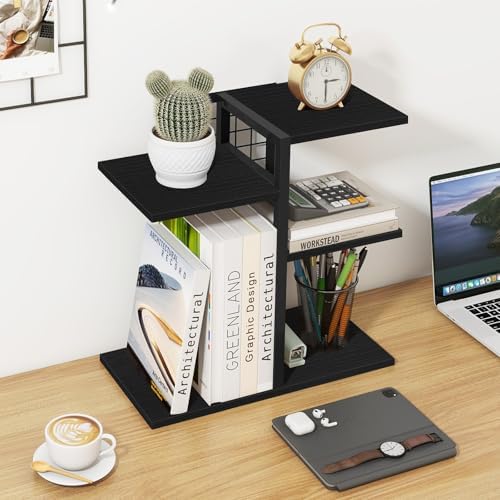 ELITEROO Desktop Bookshelf, 4 Tier Wood Desk Organizer Shelf, Tabletop Storage Shelf Rack for Office Supplies, Desk Decorations for Women Office, Rustic Black - Image 2