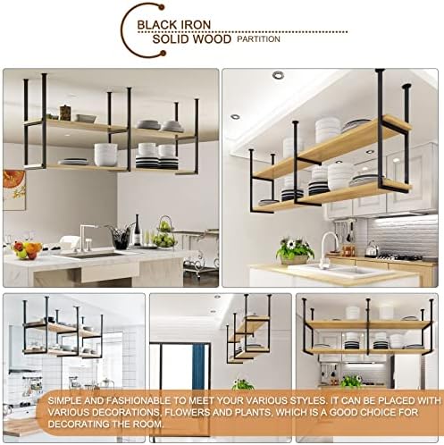 Ceiling Hanging Shelf, 2 Layer Wooden Storage Shelving with Iron Boom Floating Decorations Shelves Flower Pot Stand for Bar Living Room Flower Shop, Pot Pan Rack Wine Holder (Size - Image 6