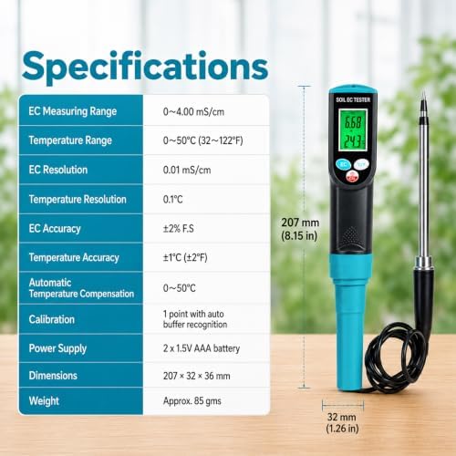 Digital Soil EC Meter 2-in-1 Porfessional Plants EC Temperature Tester Meter with Corded Sensor, Backlight LCD Display, Temperature Compensation, Easy Calibration for Soil Plants Lawn Nutrient Test - Image 3