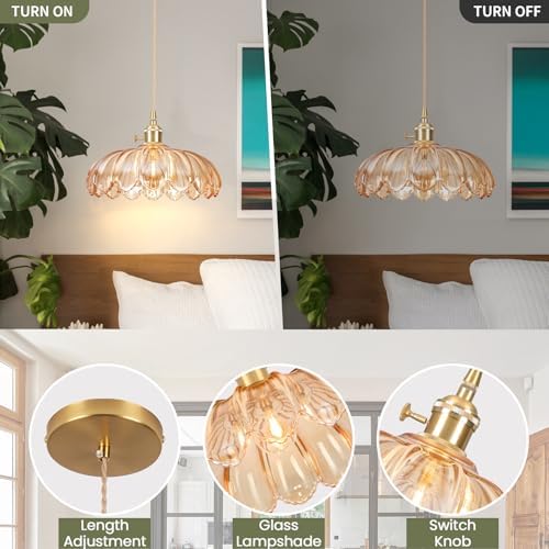 Pendant Lights Kitchen Island,Amber Glass Vintage Light Fixtures,9.8inch E26 Adjustable Hanging Light Flower Finish Ceiling Hanging Lamp for Bedroom Living Room Hallway 1 Light - Image 3