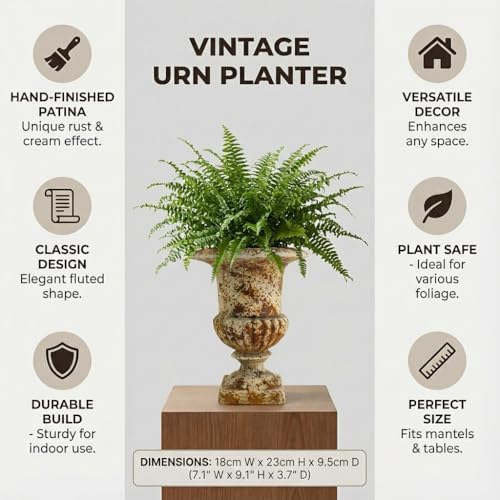 Small 9.1'' H Vintage Urn Planter, Distressed Retro Tabletop Flower Pot with Drainage Hole, Lightweight Decorative Pedestal Planter for Indoor Plants, Office Desk, Shelf, Patio Table Decor - Image 6