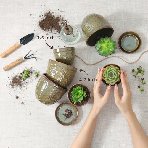 Sureasy Ceramic Plant Pots, 4.7 Inch Flower Pots for Indoor Plants, Succulent Pots with Saucer and Drainage Hole, Decorative Planter for Succulent, Cactus, Set of 4, Green - Image 3
