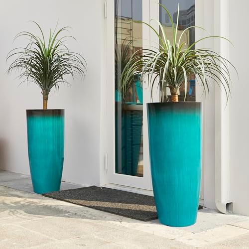 Glitzhome 30" H Tall Outdoor Planter, Set of 2 Large Tall Planters with Gradient Turquoise Faux Ceramic Finish, Plastic Large Flower Pots for Porch Garden Indoor All Season Decor,with Drainage Holes - Image 6