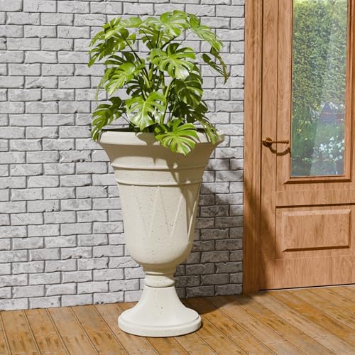 Tall Plastic Urn Planters and Pedestal - 24" Outdoor Planter Beige - Image 6