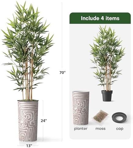 Artificial Tree in Geometric Pattern Planter, Fake Bamboo Silk Tree for Indoor and Outdoor Home Decoration - 70" Overall Tall (Plant Pot Plus Tree) - Image 5