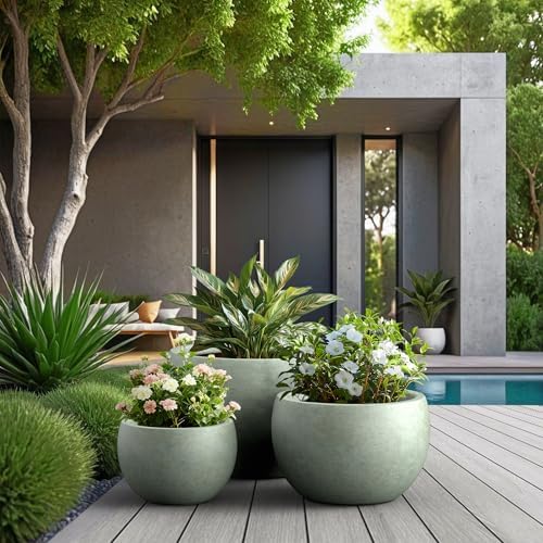 Kante Set of 3 Mint Green Concrete Bowl Round Planters for Modern Home - Image 3