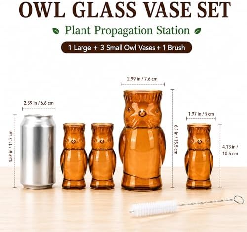 Nacome Owl Plant Propagation Station: Set of 4 Cute Brown Glass Vases - Image 3
