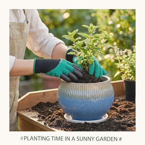 10.6 Inch Modern Ceramic Plant Pot with Drainage Hole and Mesh Net, Indoor Outdoor Planter with Saucer & Gardening Glove, Pots for Succulents, Flowers, Large Plants, Blue - Image 5