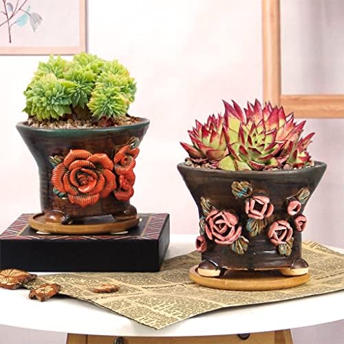 5.5 Inch Succulent Pot Handmade Flower Design Round Ceramic Antique Plant Pot Cactus Pot Planter with Drainge and Saucer Set of 2 - Image 3