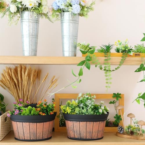 12 Pcs Wall Hanging Planters 10 inch Outdoor Wine Barrel Planter Distressed Oak Thickened Plastic Water Storage Flower Pots for Plants Flower Indoor Outdoor Railing Fence - Image 7