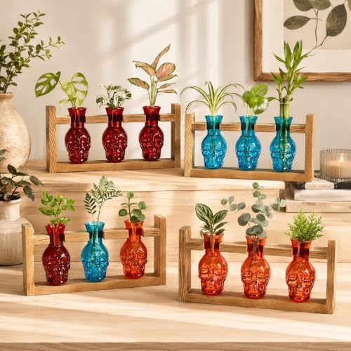 Plant Propagation Station with Skull Glass Vases, 3 Propagation Tubes in Wooden Stand, Hydroponic Decor for Home(Color4) - Image 6