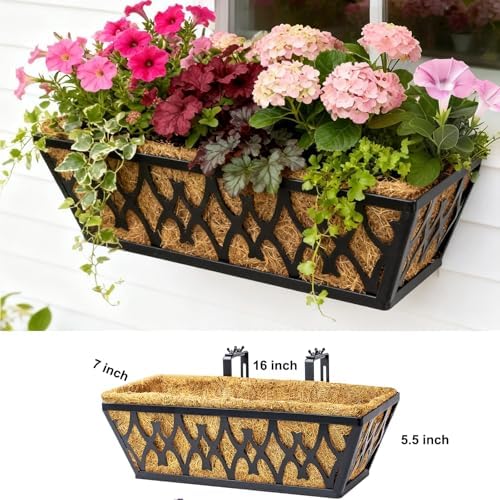 2 Pack 16 Inch Window Boxes Planters Railing Planter Box with Adjustable Brackets for Porch Fence Patio Balcony Hanging Flower Baskets with Coco Liners for Outdoor Garden Decor - Black - Image 6