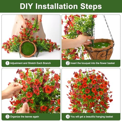 Homsunny Artificial Fake Hanging Plants Flowers Baskets for Outdoor Outside Spring Decor,Faux Silk Daisy UV Resistant Look Real Summer Decorations for Home Porch Patio Yard Garden(Red Brown) - Image 5