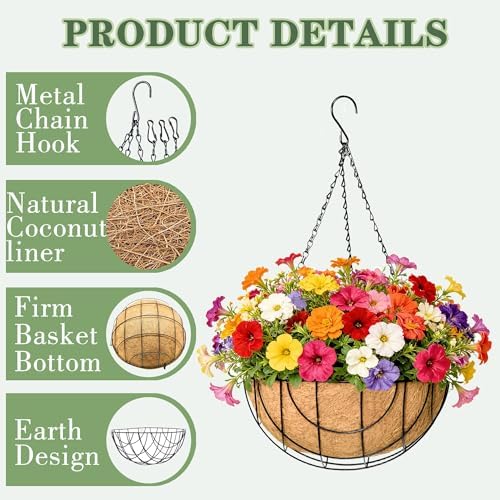 EIMQUVW Outdoor Metal Hanging Planters Basket (4pack, 14 inch) Hanging Baskets for Plants Chain Round Wire Plant Holder with Coco Fiber Liners for Garden, Patio, Deck, Porch(Grid) - Image 5