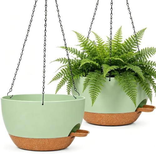 12" Self Watering Hanging Planters with Chains, Green Brown，2 Pack by zople